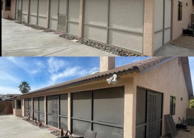 House exterior with sun screens on windows.