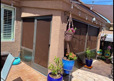Backyard patio with plants and string lights.