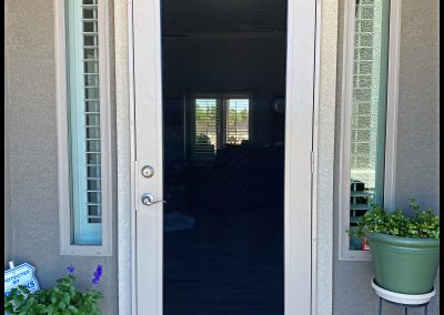 Front door with welcome mat and potted plants.