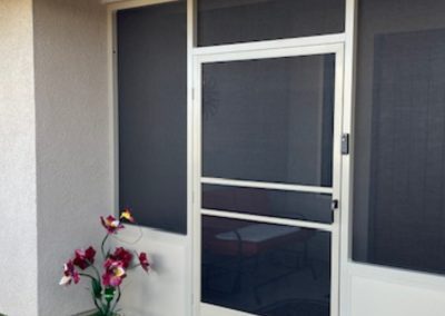 House exterior with screen door and artificial turf.