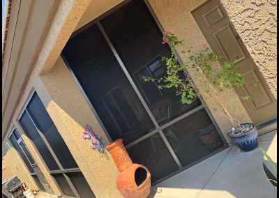 House entrance with screen door and decorative plants.